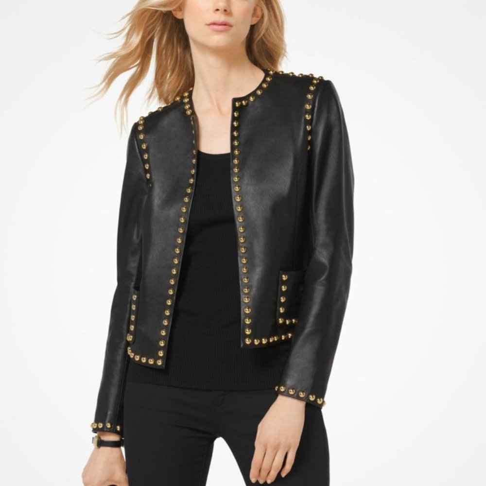 Michael Michael Kors Lamb Leather Gold Studded Moto Jacket